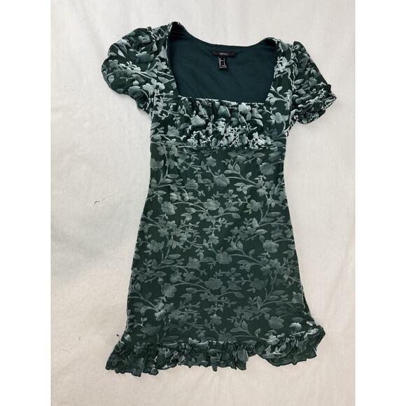 Coquette Babydoll Mini Dress Velvet Green Floral Mini Ruffles Forever 21 Small - Picture 1 of 8